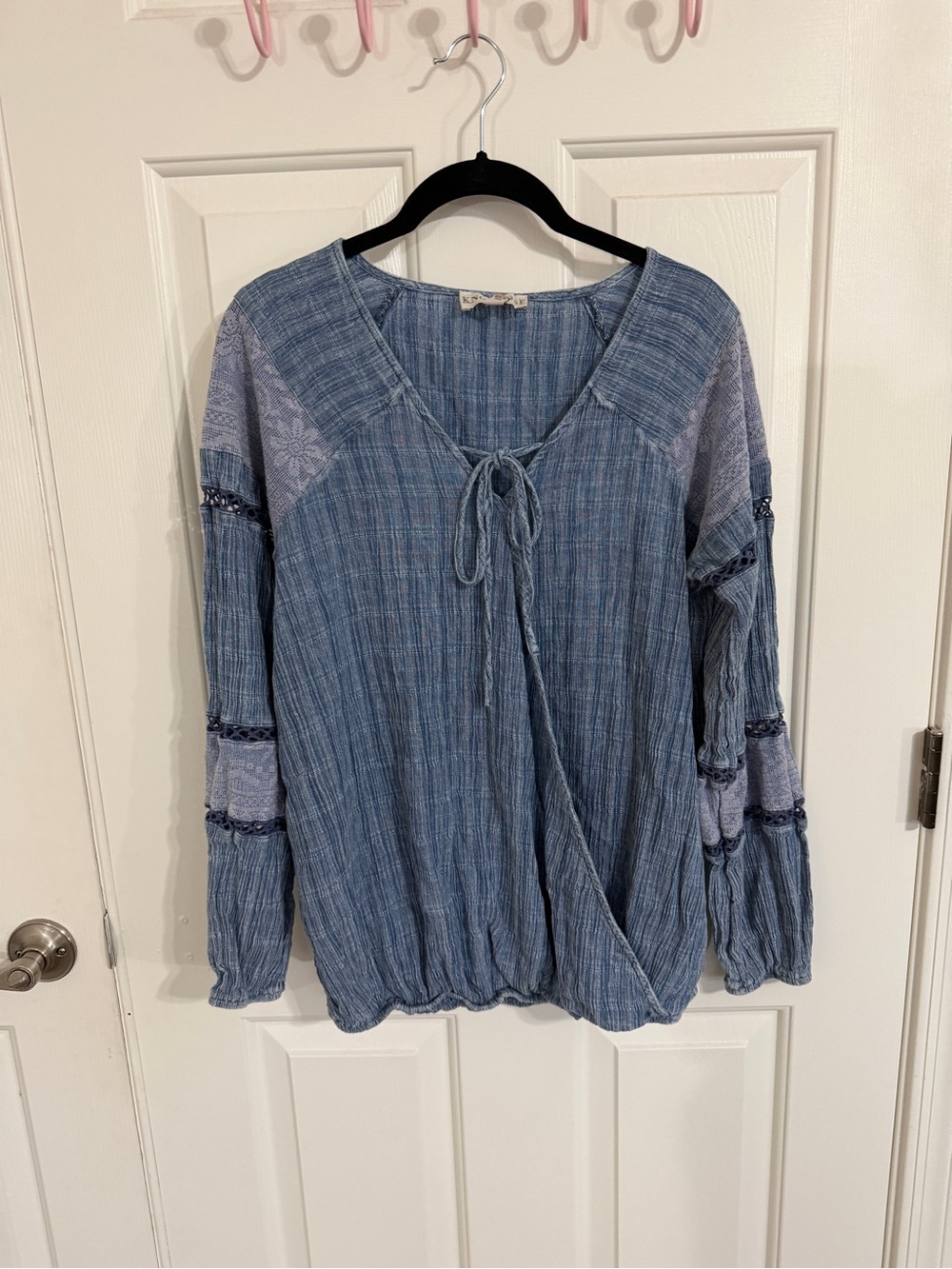 Knox Rose L Light Blue Tie Neck Peasant Tunic Boho Textured Blouse
